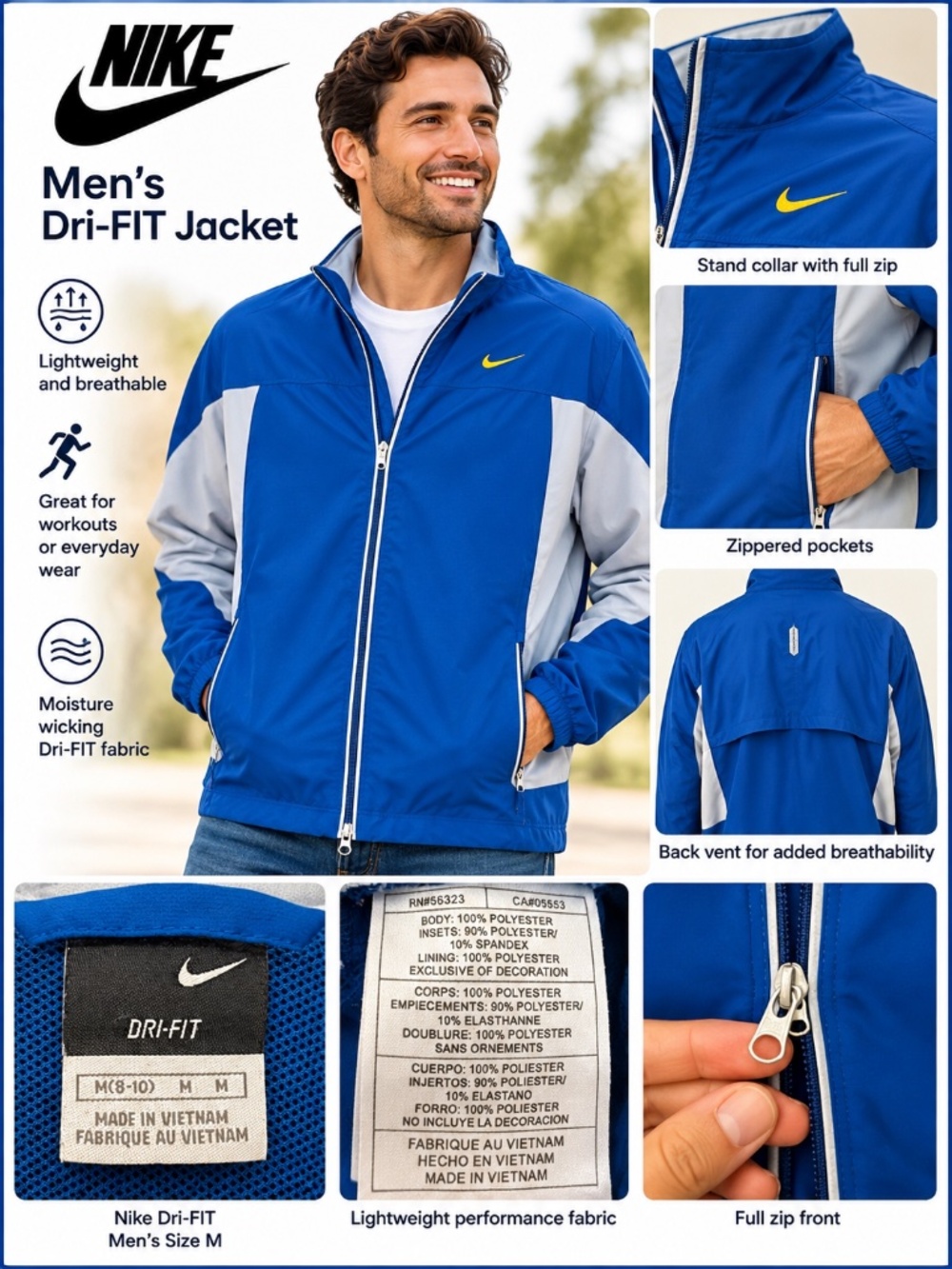 Nike Men’s Dri-FIT Blue & Gray Lightweight Athletic Jacket – Size M